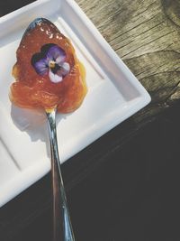 High angle view of dessert on table