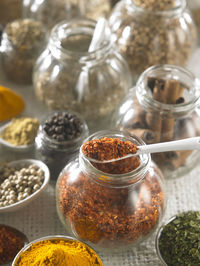 Close-up of various spices on burlap