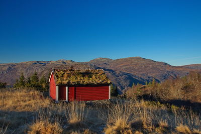 House on field against clear blue sky