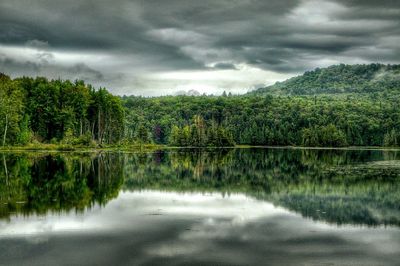 Scenic view of calm lake against cloudy sky