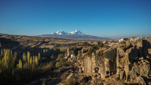 Panoramic view of landscape against clear blue sky