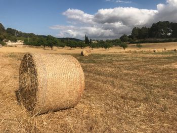 Hay bales on field against sky