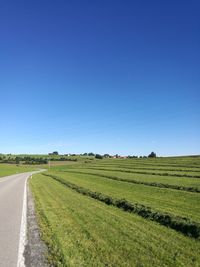 Scenic view of agricultural field against clear blue sky