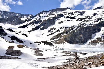 Scenic view of snow covered mountains against sky