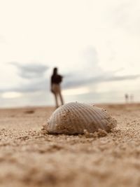 Rear view of person standing on beach against sky