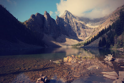 Scenic view of lake by snowcapped mountains against sky