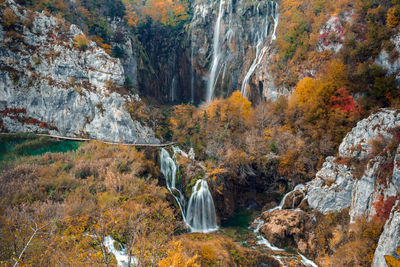 Autumn landscape with amazing waterfalls at plitvice lakes national park in croatia