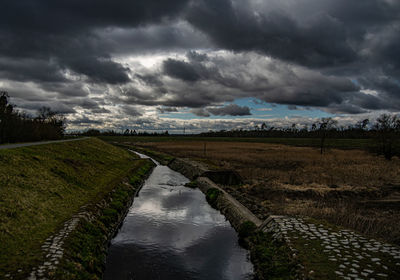 Scenic view of stream amidst field against cloudy sky