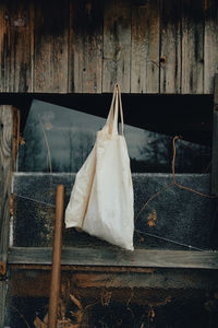 High angle view of clothes hanging on wall