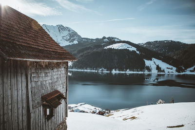 Scenic view of snowcapped mountains and lake against sky