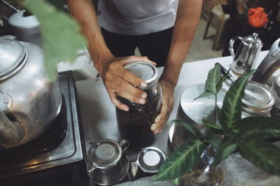 High angle view of man preparing food