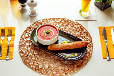 High angle view of breakfast served on table