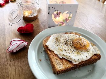 High angle view of breakfast served on table