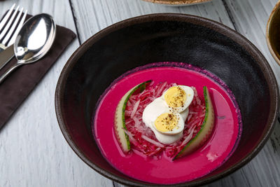 High angle view of breakfast served on table