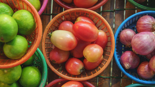 High angle view of fruits in basket for sale at market