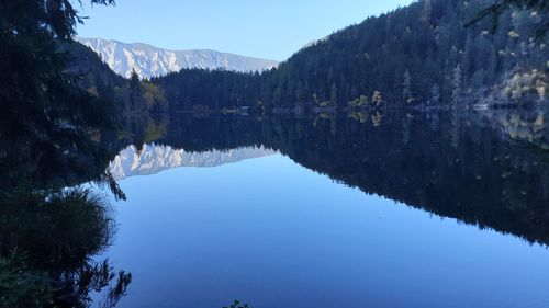 Scenic view of lake and mountains against blue sky