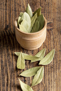 High angle view of leaves on table