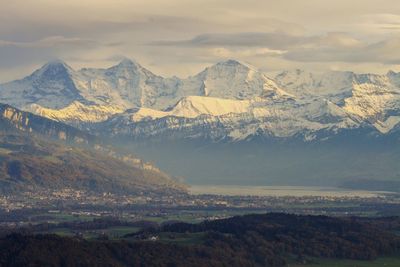 Scenic view of mountains against sky during sunset