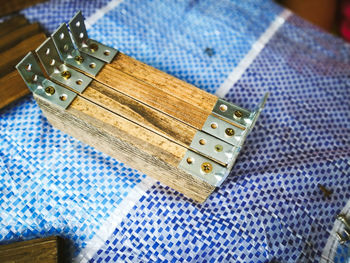 High angle view of piano keys on table