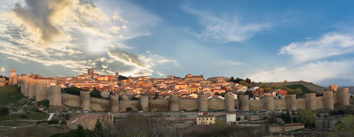 High angle shot of townscape against sky