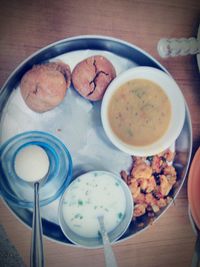 High angle view of meal served on table