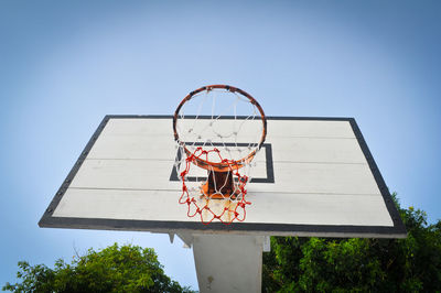 Low angle view of basketball hoop against clear sky