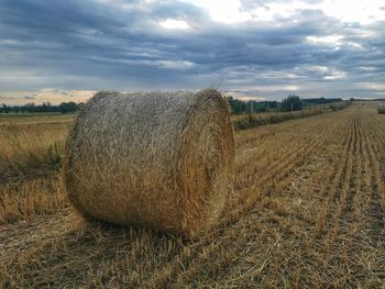 Hay bales on field against sky