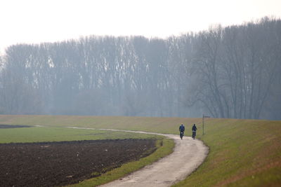 People walking on road against bare trees