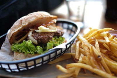 High angle view of burger and french fries in tray