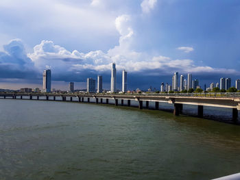 Scenic view of river by buildings against sky