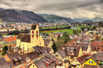 High angle view of townscape against sky