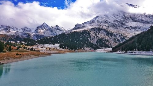 Scenic view of lake and mountains against sky