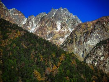 Scenic view of rocky mountains against blue sky