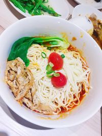 High angle view of noodles in bowl on table