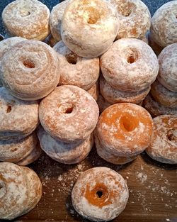 High angle view of donuts on table