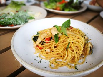 Close-up of noodles in plate on table