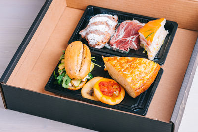 High angle view of food in box on table