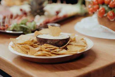 Close-up of food served on table