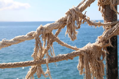 Close-up of rope tied to wooden post against sky