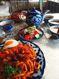 High angle view of meal served on table