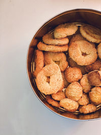 High angle view of cookies in bowl on table