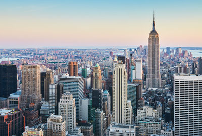 Horizontal shot of new york city from above at sunset