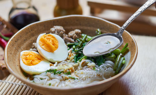 Close-up of breakfast served on table
