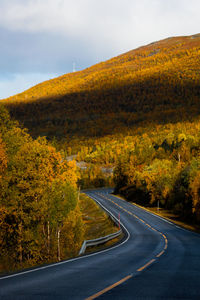 High angle view of road amidst trees against sky