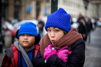 Mother and son in winter