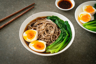 High angle view of food in bowl on table