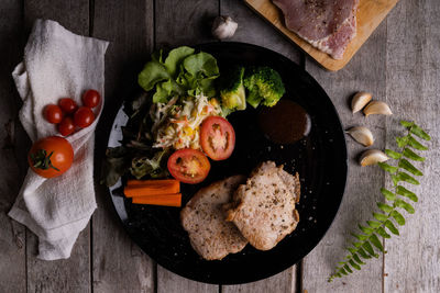 High angle view of breakfast on table