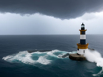 Lighthouse by sea against sky