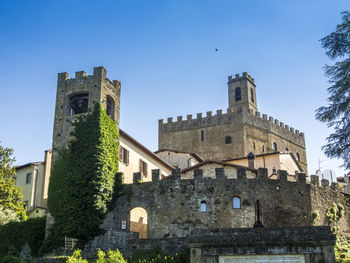 Low angle view of old building against clear blue sky