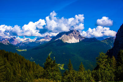 Panoramic view of landscape and mountains against blue sky